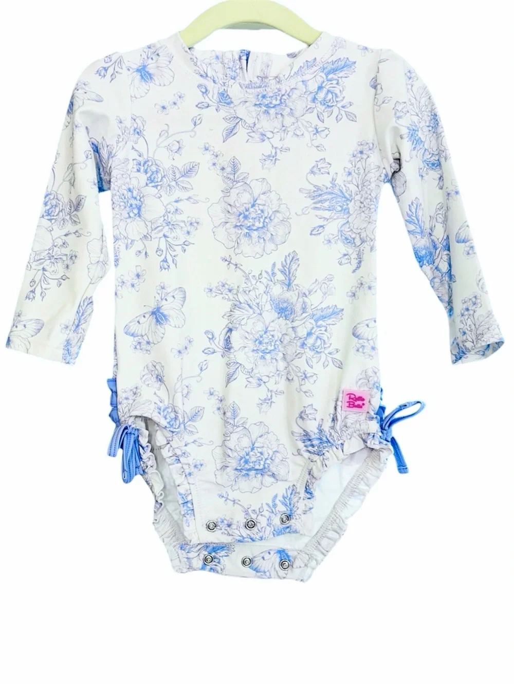 Ruffle Butts Swimsuit, Periwinkle Butterfly Garden Rash Guard One Piece Girl